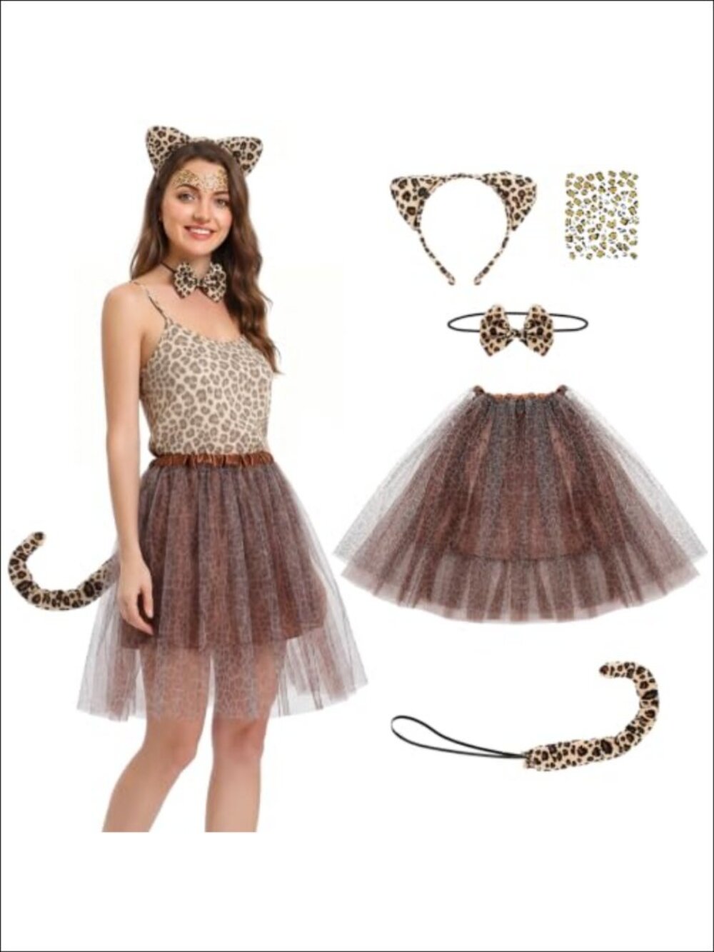 Leopard Print Halloween Costume Set Women Chiffon Skirt Headband Tail Bow Tie